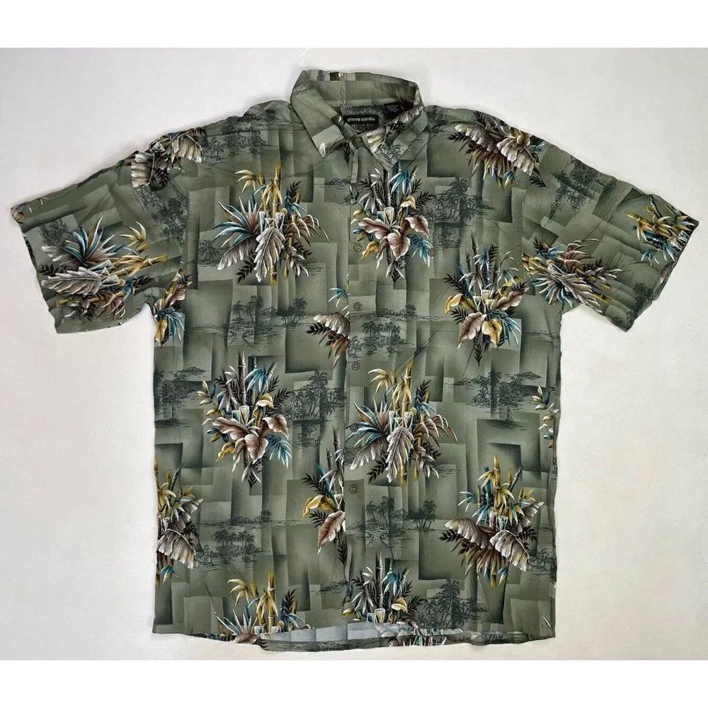 VINTAGE Pierre Cardin Button Up Shirt Men XL Floral Bamboo All Over Print Green